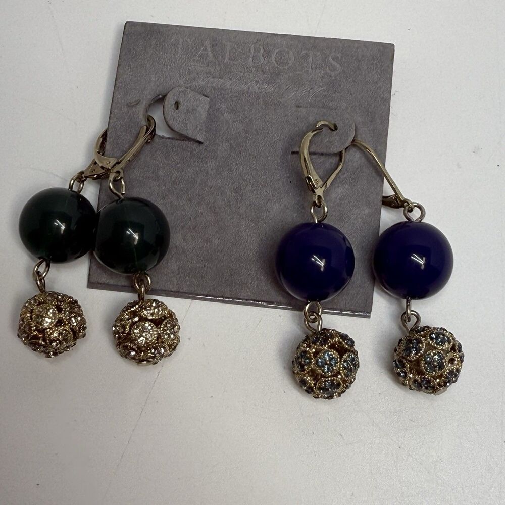Talbots 2 Pair Double Ball Drop Earrings Navy Blue Emerald Green Rhinestone